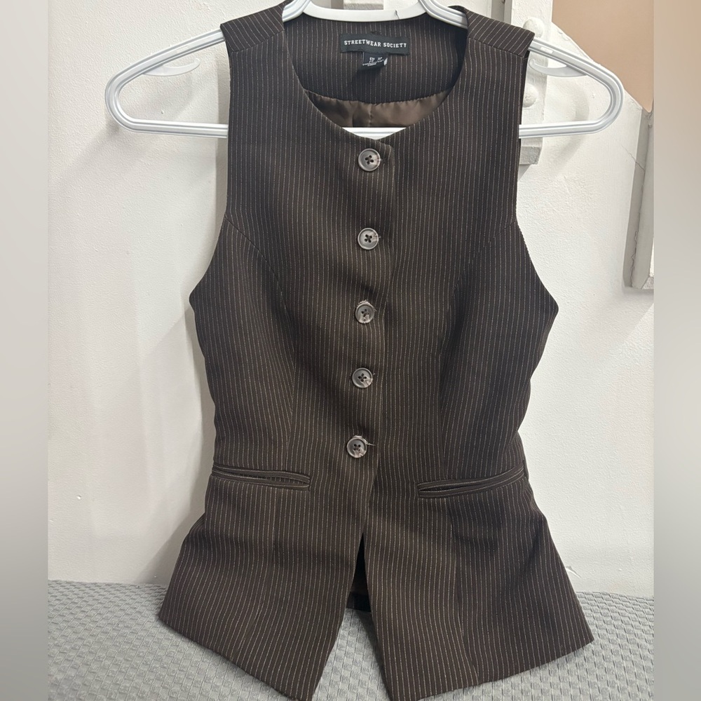 Streetwear Society Brown Pinstripe Button Down Vest XS Dark Academia